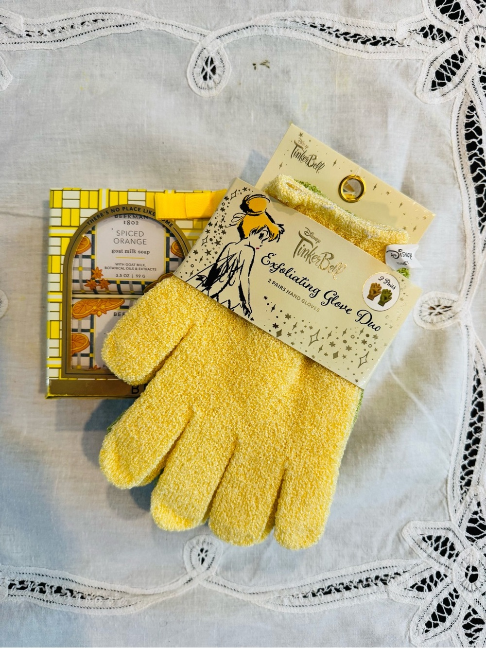 Tinker Bell Exfoliating Glove Duo and  4 pack Beekman 1802 goat milk soap p